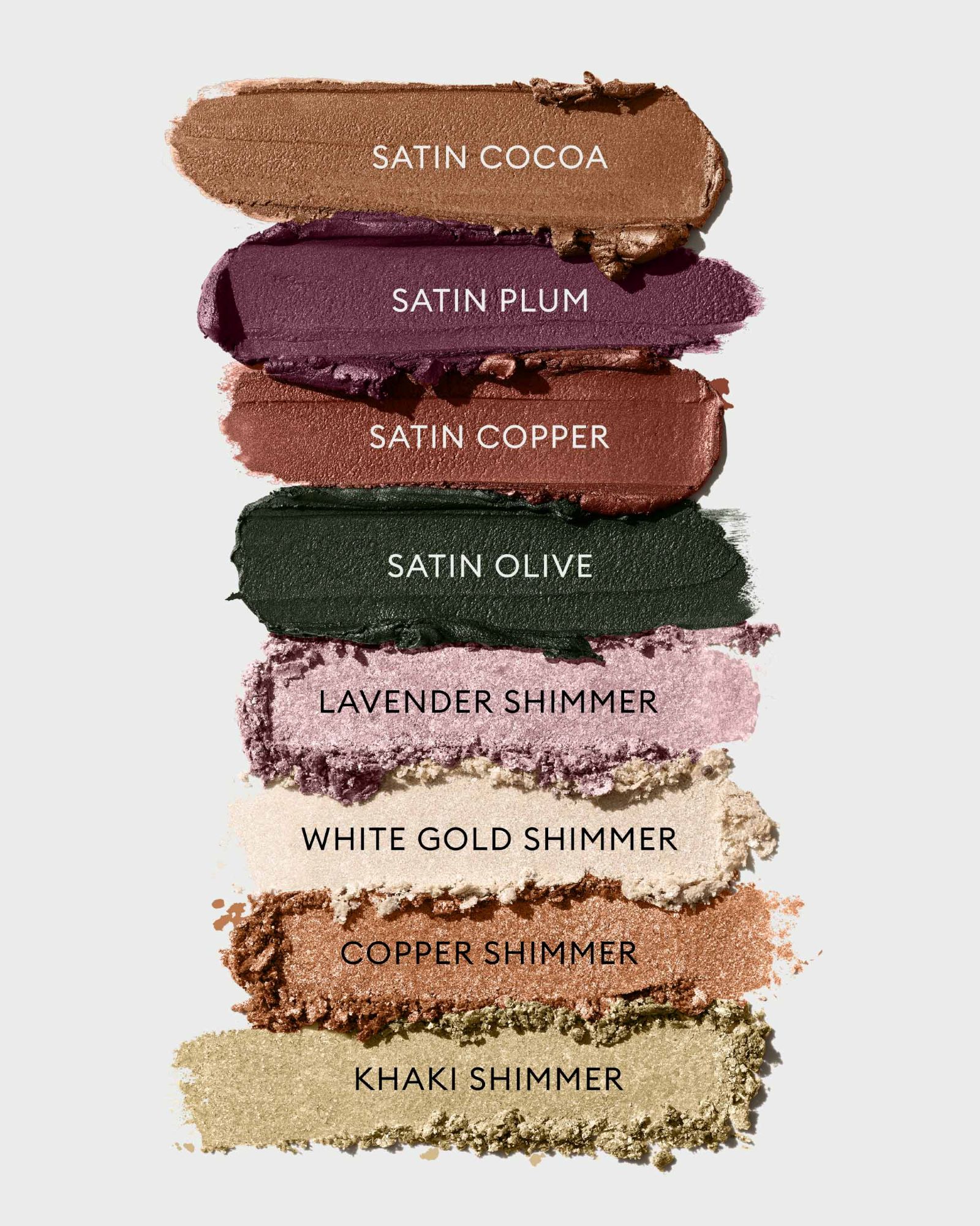 Image of each Rose Inc eyeshadow texture swatch stacked above one another on a grey background.