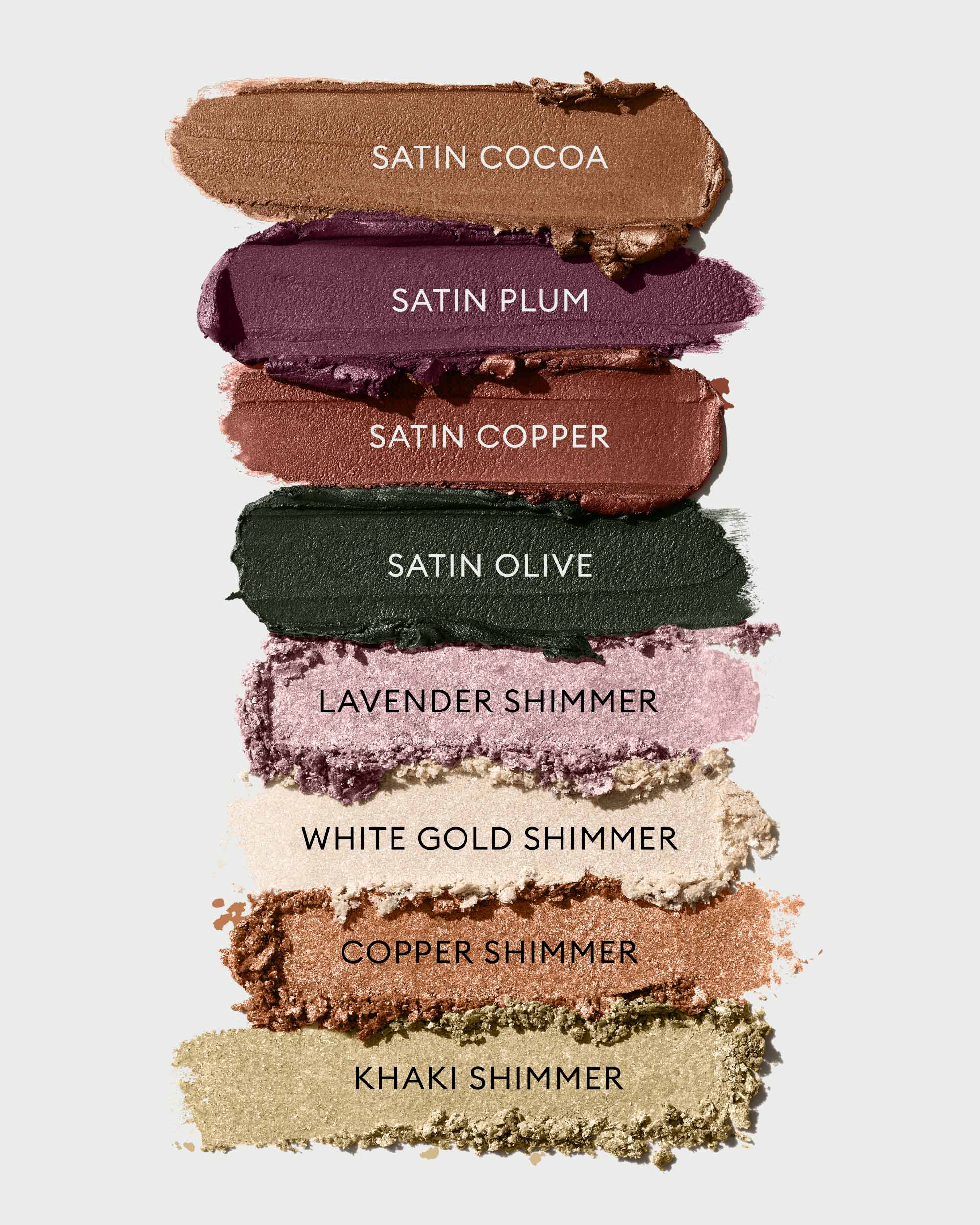 Image of each Rose Inc eyeshadow texture swatch stacked above one another on a grey background.