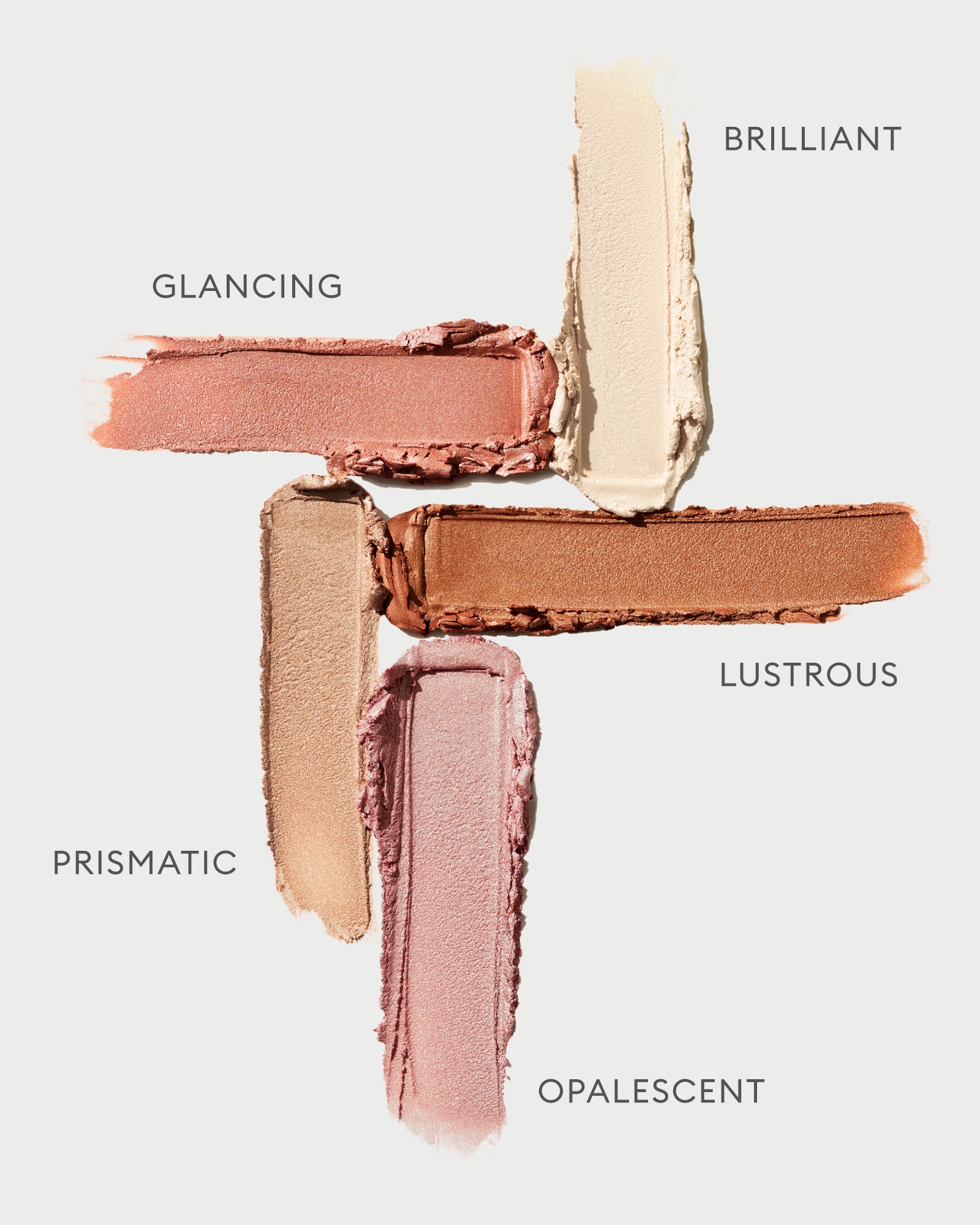 Product swatch of the 5 Solar Radiance Hydrating Cream Highlight shades on a grey background.